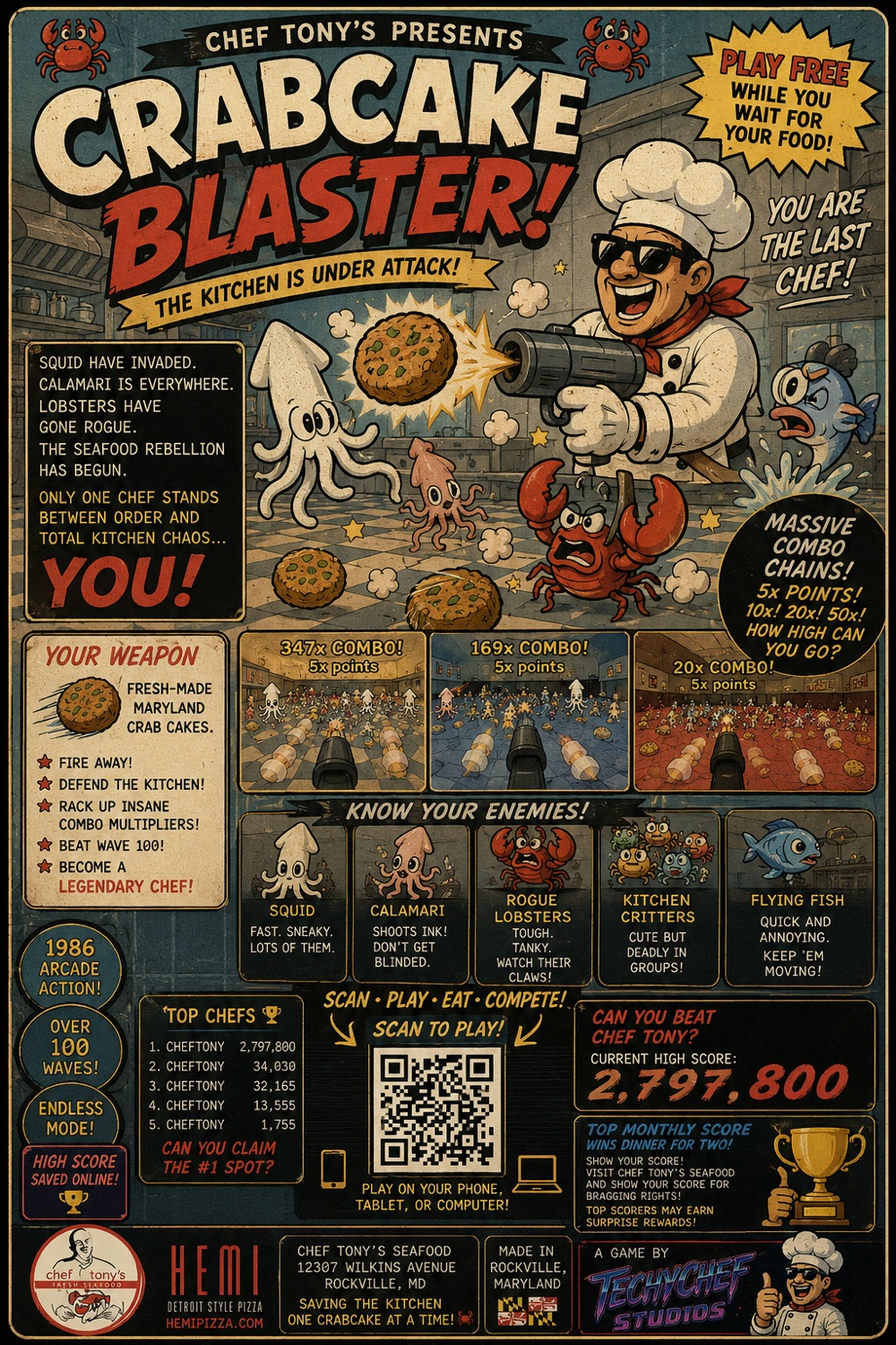 Crabcake Blaster arcade flyer — Chef Tony's Fresh Seafood
