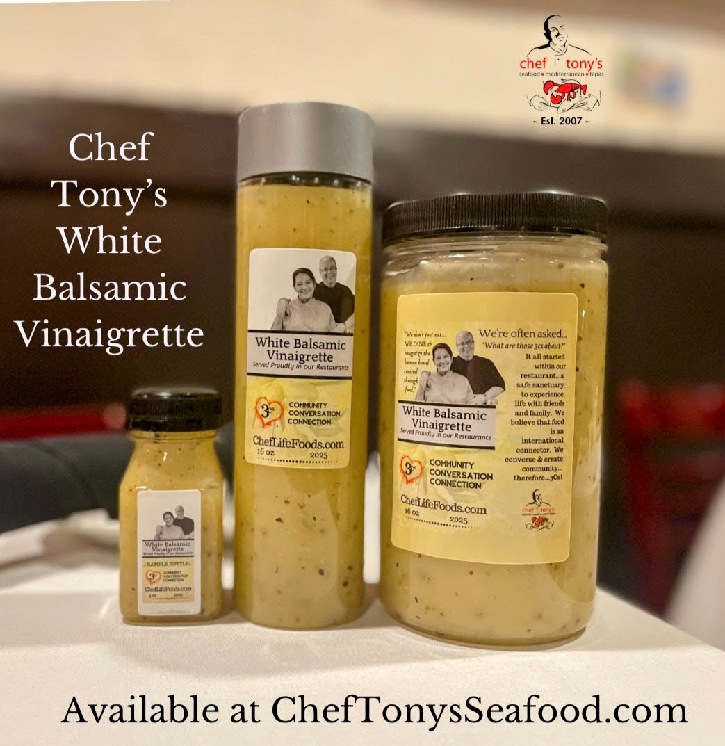 Chef Tony's House White Balsamic Vinaigrette — pint and 4 oz sample bottles with Tony and Sonia on the label