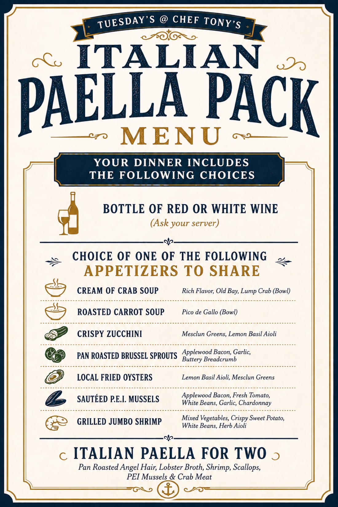 Tuesday Italian Paella Pack menu — dinner for two with wine and a shared appetizer at Chef Tony's Fresh Seafood