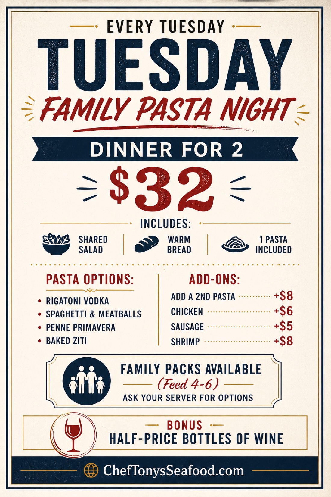 Tuesday Family Pasta Night menu — dinner for two for $32 at Chef Tony's Fresh Seafood